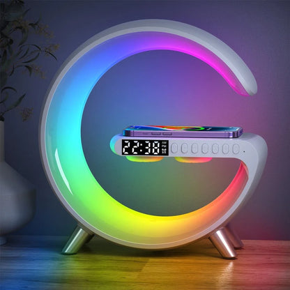 4-in-1 Wireless Charger Stand – Alarm Clock, Speaker & RGB Light