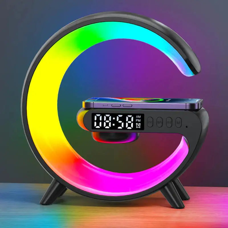 4-in-1 Wireless Charger Stand – Alarm Clock, Speaker & RGB Light